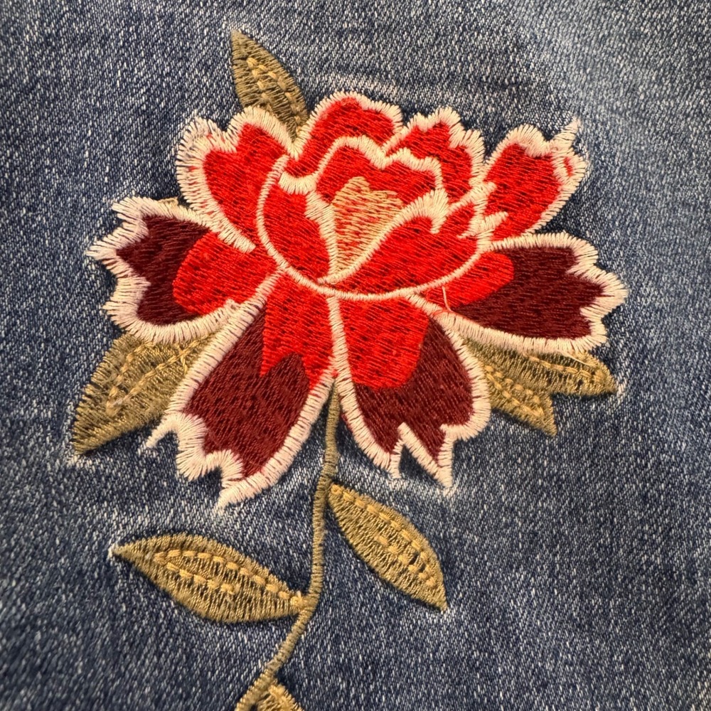 Romantic Floral Embroidered Western Cottagecore Denim Jean Jacket Stretch Sz M - Picture 4 of 13